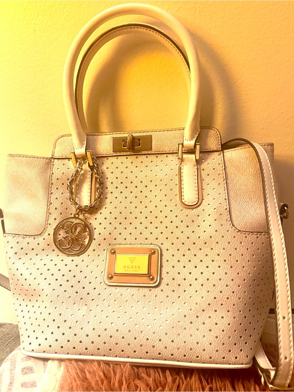 Guess Cream Perforated Satchel with Gold Accent Hardware